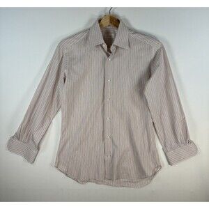 Brioni Mens Dress Shirt Beige Pinstripe Button Up Long Sleeve Formal Size Large